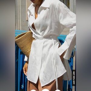 NWOT Commense Cotton & Linen Long Sleeve Tied Blouse White XS